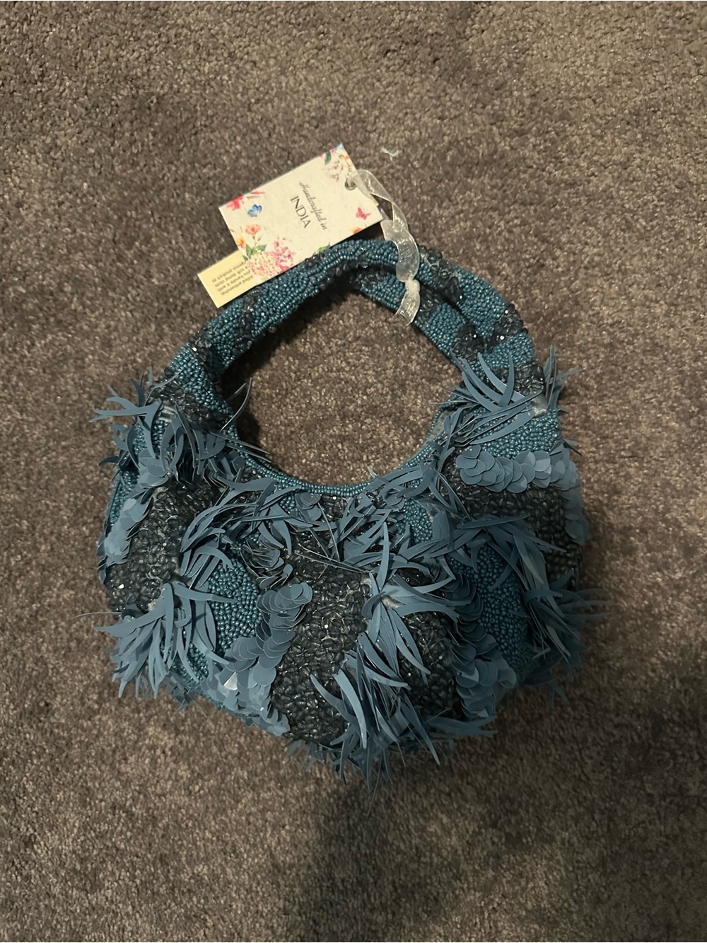 Teal Floral Fringe Beaded Shoulder Bag